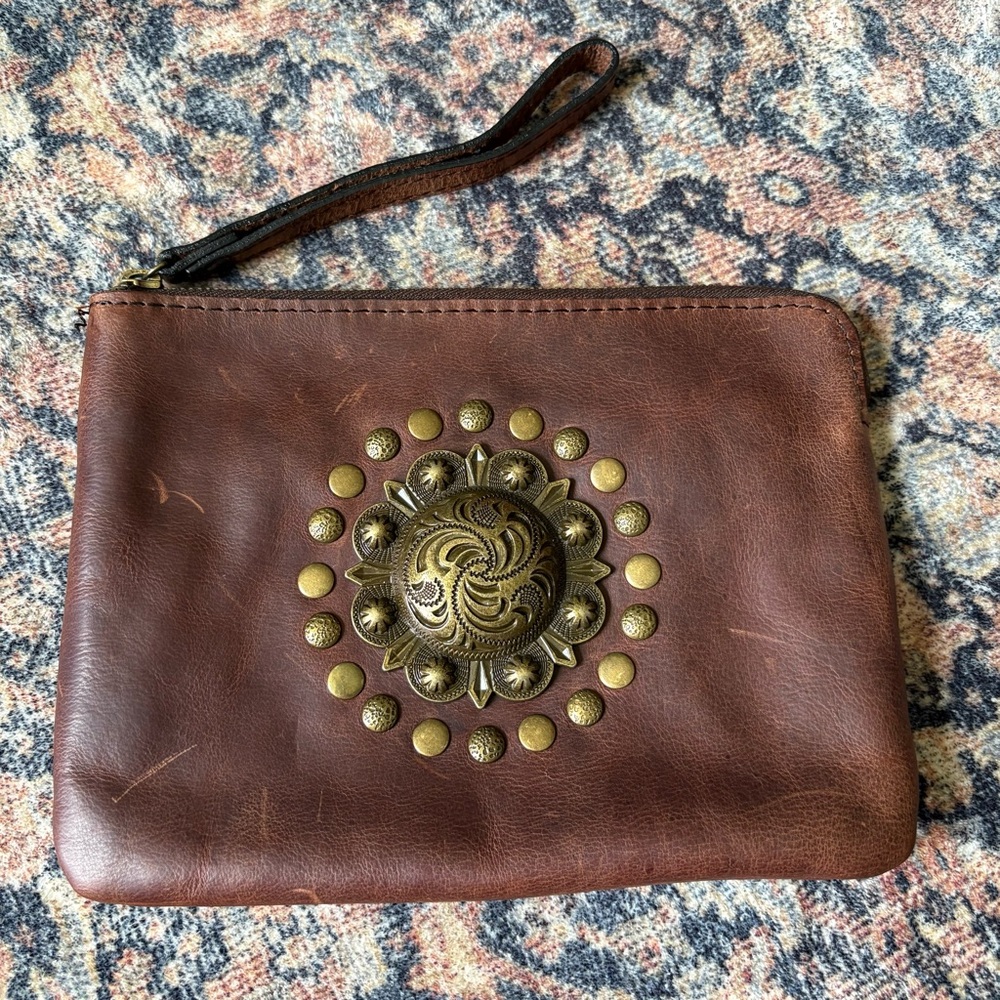 Patricia Nash Brown Leather Wristlet with Gold Metal Accents